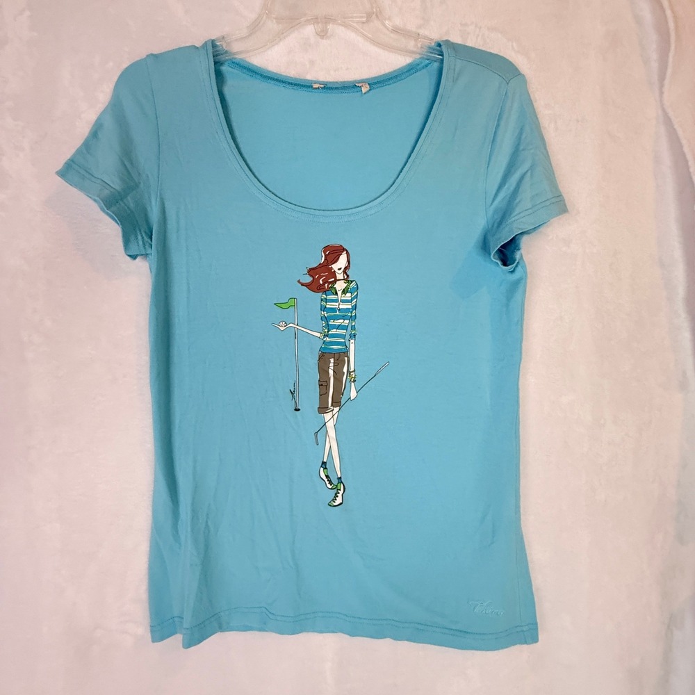 Tehama Golf Girl Graphic Tee Women's Blue Pima Cotton Modal Stretch Scoop Neck M